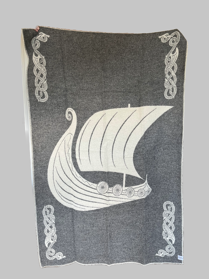 Heimdall Norway - stort ullpledd - dobbelvevd - vikingskip - grå