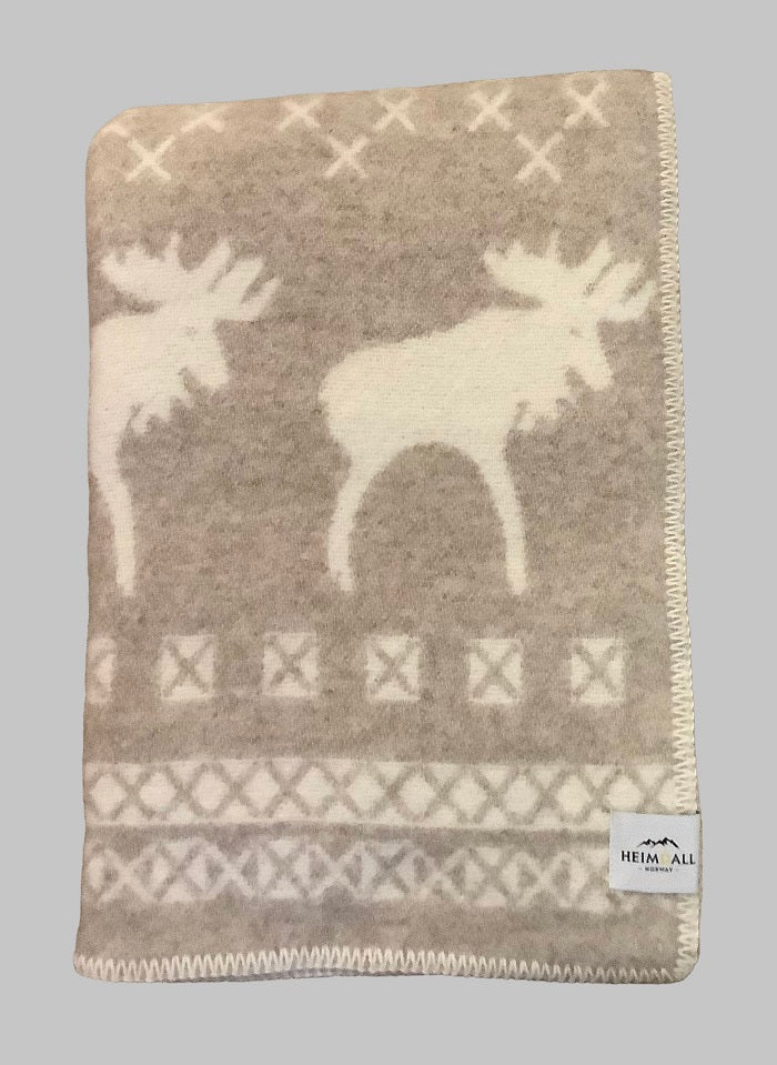 Heimdall Norway - stort ullpledd - dobbelvevd - elg motiv - snøkrystall - beige