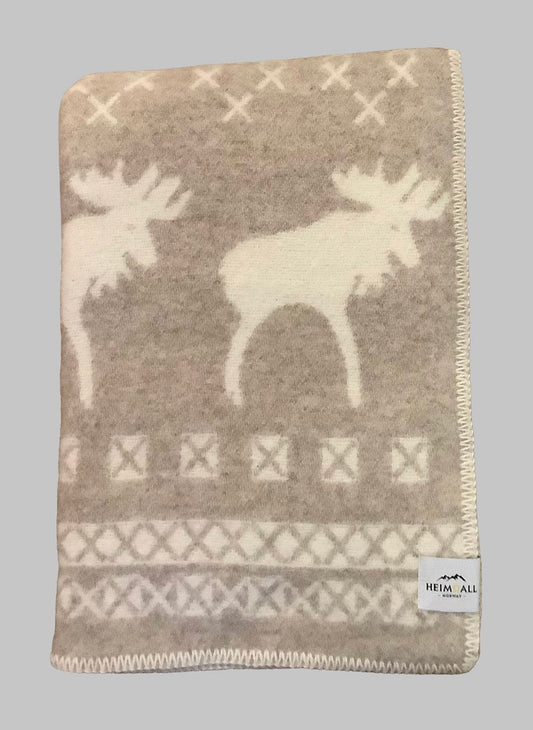 Heimdall Norway - stort ullpledd - dobbelvevd - elg motiv - snøkrystall - beige