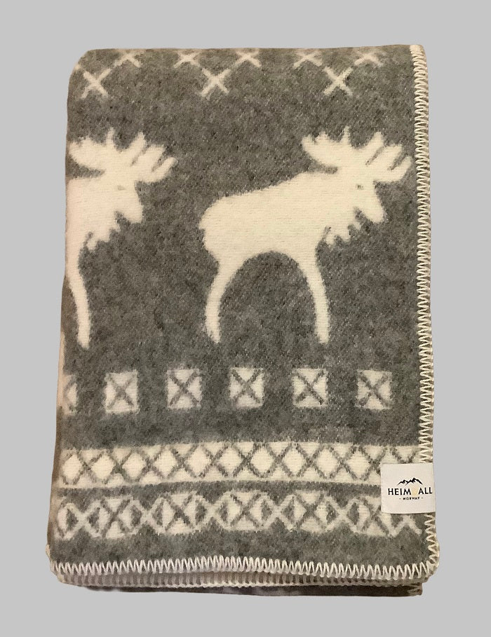 Heimdall Norway - stort ullpledd - dobbelvevd - elg motiv - snøkrystall - grå